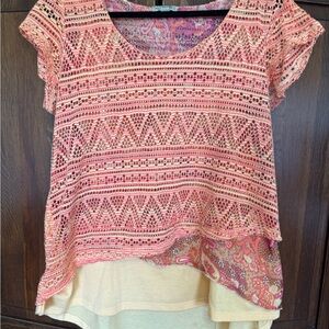ONE WORLD Pink Crochet Layered Top with Cream Paisley Underdress